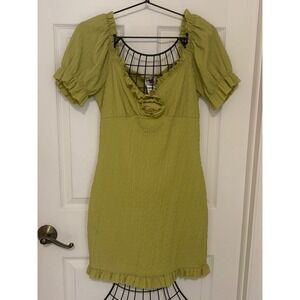 Hearts & Heels Green Textured Puff Sleeve Ruffle Bodycon Midi Dress Sz XL